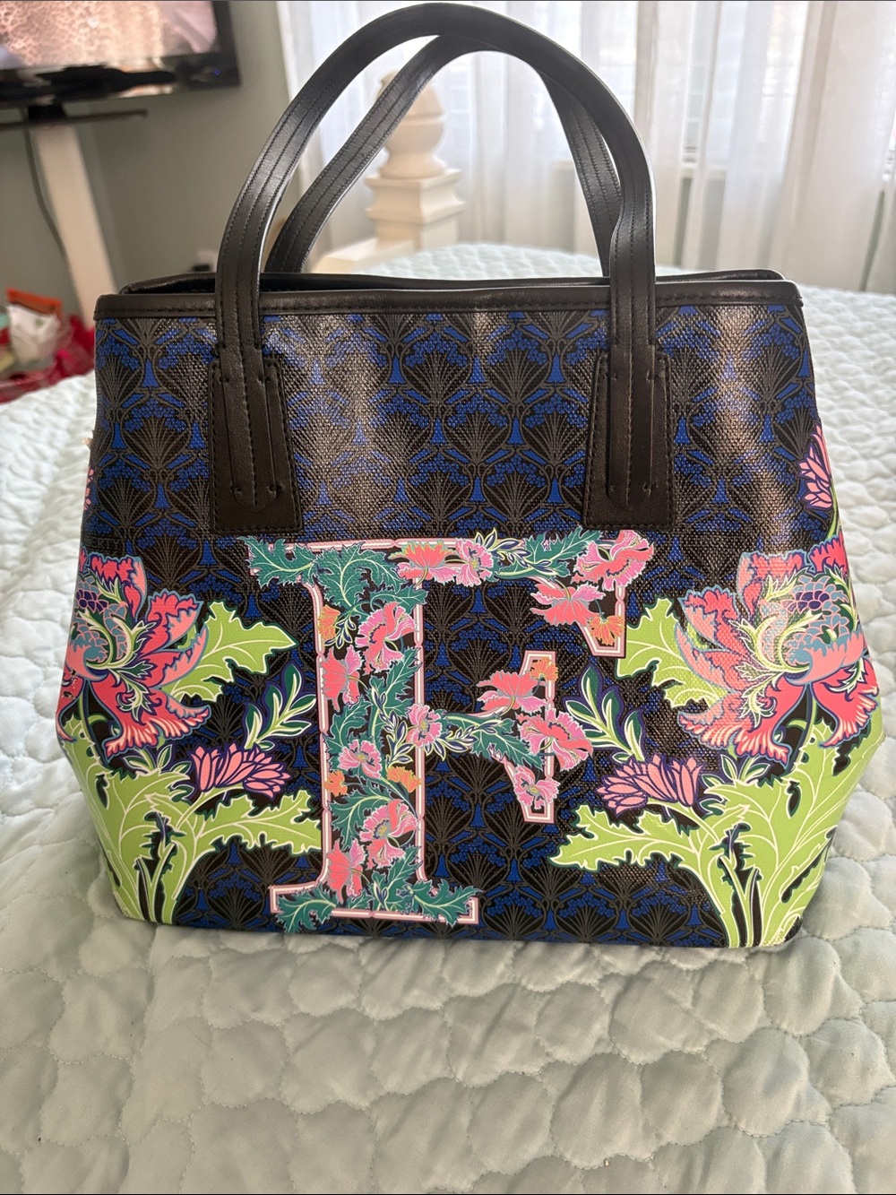 Liberty of London Black Floral Tote with Pink, Green & Blue Accents